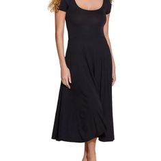 This Dress Is A Travel Essential! No Wrinkles, Can Be Dressed Up With Heels And A Blazer Or Worn Casually With Flip Flops, Stay Hat And Sunnies. Never Worn And Ready For Its First Vacation! Ballerina Cut With Drop Waist, Scoop Neck And Cap Sleeves. And Of Course Pockets! 53” L 14” Unstretched Bust Black Stretch Midi Dress For Beach, Black Stretch A-line Midi Dress, Flattering Black Maxi Dress For Evenings, Solid Stretch Dresses For Daywear, Black Dresses For Daywear, Black Solid Color Dress For Daywear, Flattering Black Maxi Dress For Summer, Black Fit And Flare Midi Dress With Short Sleeves, Black A-line Fit And Flare Maxi Dress