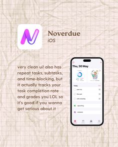 an iphone screen with the text,'noverdue ios very clean all has repeated tasks, and time - blocking but it actually tracking your task