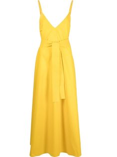 Yellow cotton V-neck tied-waist dress from P.A.R.O.S.H. featuring V-neck, sleeveless, tied waist and long length. Cotton V-neck Belted Dresses, Cotton V-neck Maxi Dress With Tie Waist, Yellow Cotton Maxi Dress With V-neck, Chic Yellow Dress With Tie Waist, Summer Gowns, Yellow Maxi Dress, Tie Waist Dress, Dress Yellow, Cotton Maxi