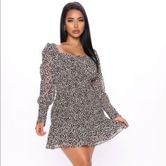 Brand New With Tags Long Sleeve Bottom Is Flowy 100% Polyester Color Is Black Mixed With Animal Print Trendy Floral Mini Dress For Night Out, Casual Leopard Print Mini Dress For Parties, Trendy Leopard Print Mini Dress For Spring, Casual Leopard Print Mini Dress For Date Night, Casual Leopard Print Dresses For Night Out, Trendy Black Floral Print Dresses, Pink Animal Print Dress, Sequence Dress, White Bodycon