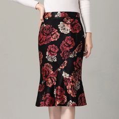 Olivia Mark - Genuine Leather High-Waisted Midi Skirt with Vintage Floral Print and Sheepskin, Bodycon Fit Mermaid Maxi Skirt Mermaid Maxi Skirt, Long Midi Skirt, Wrapped Skirt, Wool Wrap Coat, Sporty Dress, Gown Pattern, Fishtail Skirt, Skirts Midi High Waisted, Satin Midi Skirt