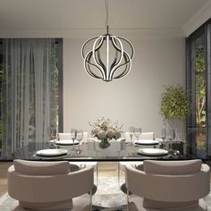 a dining room table with chairs and a chandelier hanging from it's ceiling