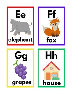 four different types of animals and letters in the same color scheme, each with their own name