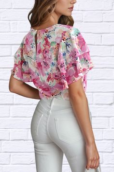 Introducing our Floral Round Neck Flutter Sleeve Blouse - the perfect blend of femininity and sophistication. Crafted with a delicate floral pattern and flutter sleeves, this blouse is an elegant addition to any wardrobe. Embrace your inner grace and effortless style with this exclusive piece. Shipping 7 to 14 days Features: Basic style Sheer: Opaque Stretch: No stretch Material composition: 100% polyester Care instructions: Machine wash cold. Tumble dry low. Imported Size US Top Length Shoulder Elegant Ruffle Sleeve Floral Print Blouse, Elegant Ruffle Sleeve Blouse With Floral Print, Elegant Blouse With Floral Print And Ruffle Sleeves, Floral Print Flutter Sleeve Tops For Brunch, Flutter Sleeve Floral Print Top For Brunch, Summer Butterfly Sleeve Printed Blouse, Pink Butterfly Sleeve Top For Spring, Feminine Floral Print Short Sleeve Top, Feminine Floral Print Blouse With Flutter Sleeves