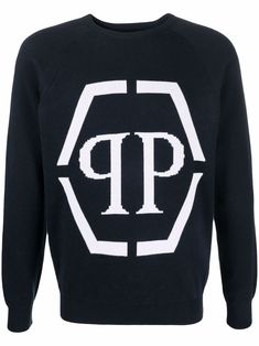 Navy blue cotton intarsia-logo crewneck sweater from PHILIPP PLEIN featuring intarsia-knit logo, crew neck, long sleeves and straight hem. | Philipp Plein Intarsia-Logo Crewneck Sweater Luxury Logo Detail Sweatshirt For Winter, Designer Logo Print Sweatshirt For Winter, Designer Fall Sweatshirt With Embroidered Logo, Cotton Crew Neck Sweater With Logo, Designer Sweatshirt With Embroidered Logo And Crew Neck, Designer Crew Neck Sweatshirt With Embroidered Logo, Logo Crew Neck Winter Sweatshirt, Winter Logo Crew Neck Sweatshirt, Winter Logo Long Sleeve Sweatshirt