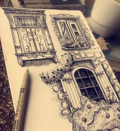 a pen and ink drawing of an open window