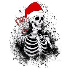 a skeleton wearing a santa hat and holding a candy cane in his hand with splots around it