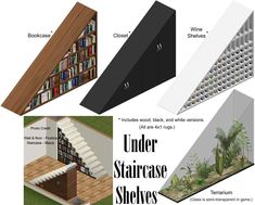 three different types of bookshelves with text describing them