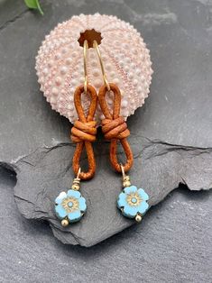 Blue Flower Leather Dangle Earrings, Boho Leather Earrings, Czech Glass Beaded Leather Earrings, Gold & Brown Leather Loop Earrings - Etsy Bohemian Brown Dangle Flower Earrings, Bohemian Turquoise Leather Earrings, Brown Bohemian Drop Flower Earrings, Handmade Brown Bohemian Flower Earrings, Handmade Blue Leather Earrings, Blue Bohemian Leather Earrings, Everyday Bohemian Dangle Flower Earrings, Bohemian Blue Leather Earrings, Blue Leather Bohemian Earrings