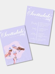 two purple cards with champagne glasses on them and the words seaside written in cursive writing