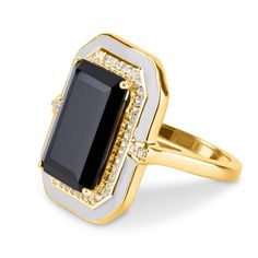 PRICES MAY VARY. HIGH QUALITY: Crafted with exquisite 14k gold-plated silver, this black onyx ring is adorned with a 5.8 carat onyx, white sapphire accents and hand-painted white enamel for unrivaled luxury. It is stamped with "925" for authenticity. HYPOALLERGENIC: For those seeking both style and comfort, this cocktail statement ring is designed to be 100% nickel free and hypoallergenic making it perfect for sensitive skin. Say goodbye to green fingers even after hours of wear! MATCHING SET: C Black Enamel Diamond Ring, Black Onyx Engagement Ring, Black Diamond Jewelry, Black Opal Ring, Octagon Shape, Gold Gemstone Ring, Custom Ring, Black Onyx Ring, Onyx Ring