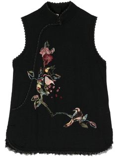 black/multicolour wool-silk blend floral embroidery band collar sleeveless lettuce hem Black Sweater Vest For Spring, Black Floral Embroidery Sleeveless Vest, Embroidered Sleeveless Vest For Fall, Sleeveless Embroidered Vest For Fall, Multicolor Embroidered Sleeveless Vest For Spring, Fitted Floral Embroidered Vest For Fall, Knit Vest Black, Shiatzy Chen, Lettuce Hem