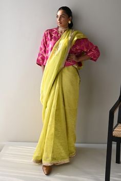 Neon green saree with tissue stripe pattern, elevated with floral butti embroidery using cutdana pipes. - Aza Fashions Butti Embroidery, Saree Women, Tissue Saree, Green Saree, Aza Fashion, Neon Green, Floral Embroidery, Stripes Pattern, Saree