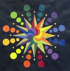 an abstract painting with multicolored circles and stars on a black background that appears to be made out of paper