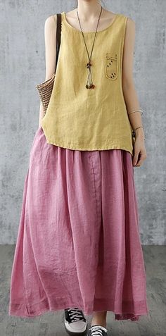 Casual Cotton linen loose fitting Women's Skirts Casual Linen Maxi Skirt, Casual Linen Skirt, Solid Linen Summer Skirt, Casual Linen Tiered Skirt Bottoms, Casual Linen Tiered Skirt, Solid Linen Skirt For Summer, Casual Linen Maxi Skirt For Beach, Bohemian Long Skirt In Solid Color, Bohemian Solid Color Skirt For Summer