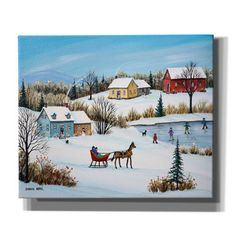 a painting of a horse drawn sleigh in the snow with houses and trees