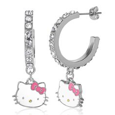 Add a playful touch to your style with the Sanrio Hello Kitty Charm Hoop Earrings. Featuring adorable Hello Kitty charms hanging from classic hoops, these earrings are perfect for Hello Kitty fans who love to accessorize with fun and flair. Hello Kitty Fashion, Sanrio Fashion, Hello Kitty Charm, Hello Kitty Earrings, Earrings With Crystals, Hello Kitty Jewelry, Wedding Slippers, Timeless Brand, Enamel Plate