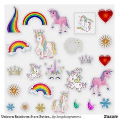 unicorns and rainbows stickers are arranged on a white background with hearts, stars, and sunbursts