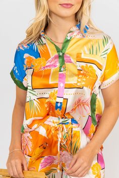 The Tropical Satin Set is lightweight and comfortable. It features a fun print with a button up top, as well as pockets and elastic at the waist for a perfect fit. Sold as a set. Satin Set, Button Up Top, A Button, Fun Prints, Button Up, Perfect Fit, Satin, Elastic, Yellow