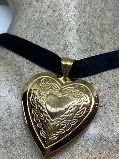 Vintage heart Locket Choker stainless steel Deco Etched Necklace  Lovely vintage Stainless steel locket  Heart etched frame  About an inch and a half long Hangs on a long velvet ribbon Can hang on a chain  All jewelry is shipped free in the US in a nice gift box.   Check out our over a THOUSAND great reviews Vintage Gold Locket, Vintage Heart Locket, Vintage Choker Necklace, Heart Choker Necklace, Heart Photo, Vintage Choker, Heart Choker, Photo Charms