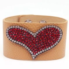 New Camel Colored, Red Rhinestone Leather Bracelet. 8 Inches. Adjustable Red Heart Bracelet For Party, Adjustable Red Bracelet With Rhinestones, Red Adjustable Crystal Bracelet For Valentine's Day, Adjustable Red Crystal Bracelet For Valentine's Day, Heart-shaped Rhinestone Bracelets For Party, Heart Shaped Rhinestone Bracelet For Parties, Heart-shaped Rhinestone Party Bracelets, Valentine's Day Adjustable Rhinestone Bracelets, Valentine's Day Adjustable Bracelets With Rhinestones