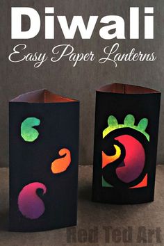 two paper lanterns with the words diwali easy paper lanterns written in white on them