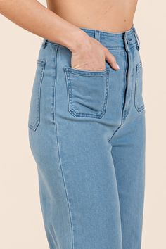 These high-waisted jeans are crafted from soft denim knit fabric, offering both comfort and flexibility. The straight wide leg fit creates a flattering silhouette, making them versatile for various occasions. Featuring front and back patch pockets for added style and functionality, they also have a zip fly with a button closure for a secure fit. Perfect for pairing with a fitted top or an oversized sweater, these jeans are a must-have addition to your wardrobe! Features: Washed, Pocketed Stretch High Rise Jeans With Seam Detailing, High Rise Dark Wash Flare Jeans With Seam Detailing, Denim Blue Flare Jeans With Seam Detailing, Medium Wash Straight Leg Bottoms With Zipper Closure, Denim Cropped Leg Pants With Seam Detailing, Dark Wash Wide Leg Flare Jeans With Seam Detailing, High Waist Light Wash Jeans With Zipper Closure, Wide Leg Bottoms With Zipper Closure In Medium Wash, High Rise Denim Blue Flare Jeans With Zipper