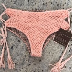 New W Tags :) Pink String Swimwear For Summer, Pink String Swimwear For Beach Season, Summer Fishnet Swimwear For Beach, Summer Beach Fishnet Swimwear, Pink Crochet Swimwear For Vacation, Lace Swimwear For Spring, Fitted Crochet Lace Bottoms For Beach, Summer Lace Beach Bottoms, Summer Lace Bottoms For Beach