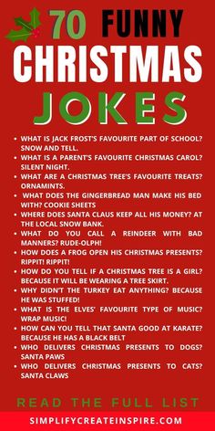 the poster for funny christmas jokes is shown in red, green and white with words on it