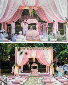 an outdoor wedding ceremony with pink and white draping on the stage, decorated with flowers