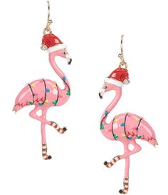 From Merry & Bright&#x2C; these earrings feature:Drop earringsMetal/epoxyFrench wire closureApprox. 2" L x 0.8" WImported. Christmas Flamingo, Flamingo Earrings, Flamingo Christmas, French Wire, Gift Card Shop, Accessories Jewelry Earrings, Gold Drop Earrings, Dillard's, Festive Christmas