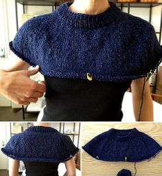 there is a woman wearing a blue knitted sweater with buttons on the front and back