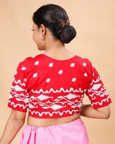 a ready-made, pure cotton, embroidered design blouse. These types of blouses are popular for their comfort and aesthetic appeal, especially in traditional and ethnic wear.  Blouse available in 32,34 waist size waist-32 =36 Bust waist-34=38 Bust Traditional Long Sleeve Blouse, Red Chikankari Embroidery Blouse Piece, Cotton Embroidered Fabric With Woven Motifs, Traditional White Shirt With Chikankari Embroidery, Traditional Short Sleeve Festive Shirt, White Cotton Traditional Wear With Woven Motifs, Festive Red Chikankari Embroidery Blouse, Traditional Festive Short Sleeve Shirt, Festive Cotton Saree With Chikankari Embroidery