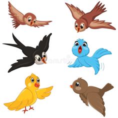 four different birds flying in the air with their beaks open and eyes wide open