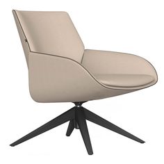 an upholstered chair with black legs and a light colored leather seat, viewed from the front