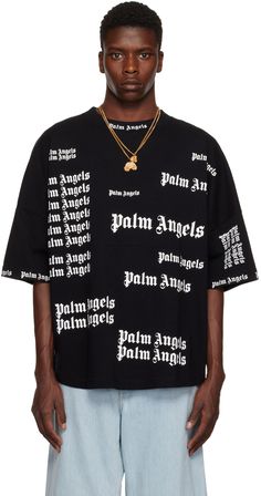 Cotton jersey T-shirt. · Logo printed at rib knit crewneck · Logo printed throughout Supplier color: Black/White Angel Outfit, Palm Angels, Knit Crewneck, Online Shopping Clothes, Jersey T Shirt, Luxury Streetwear, Cotton T Shirt, Black Cotton, Rib Knit