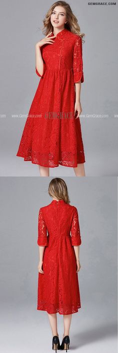 10% off now|Free shipping world-wide. L-5XL Red Lace Chipao Midi Dress with Collar at GemGrace. Click to learn our pro custom-made service for wedding dress, formal dress. View #SemiFormalDresses for more ideas. Red Knee-length Lace Dress For Formal Occasions, Red Lace Knee-length Dress For Spring, Red Knee-length Lace Dress For Spring, Elegant Red Lace Patchwork Dress, Elegant Red Dress With Lace Patchwork, Elegant Red Lace Midi Dress, Best Wedding Guest Dresses, Dress With Collar, For Wedding Dress