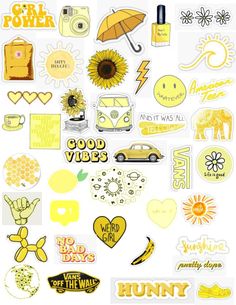 many different stickers are arranged in the shape of a heart, sunflowers and cars