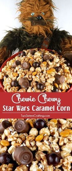 chewy star wars caramel corn is in the foreground and on the right