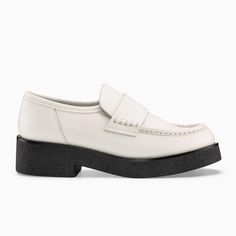 Women's Creme Leather Loafer | Bari Ivory | Koio – KOIO Modern White Slip-ons For Work, Modern White Slip-on Loafers, Modern Leather Platform Slip-ons, White Platform Loafers With Lug Sole For Work, Classic Leather Slip-ons With Lug Sole, Formal White Loafers With Lug Sole, White Office Loafers With Lug Sole, Modern Almond Toe Platform Loafers For Business, White Leather Loafers With Lug Sole