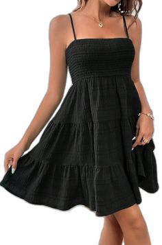 Black Sleeveless Smocked Dress, Black Strapless Casual Sundress, Casual Black Strapless Sundress, Black Strapless Summer Mini Dress, Black Strapless Sundress For Spring, Black Fitted Smocked Dress For Vacation, Black Sleeveless Smocked Dress For Beach, Black Sundress With Smocked Back For Spring, Black Strapless Sundress For Summer