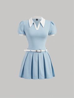 Women's Fashionable Contrast Color White Belted Dress Blue Casual  Short Sleeve Knitted Fabric Colorblock Tee Slight Stretch  Women Clothing, size features are:Bust: ,Length: ,Sleeve Length: Blue Outfits, Concert Dresses, Color Block Tee, Mod Dress, Tennis Dress, Overall Dress, Mode Inspo, Belted Dress, Casual Dresses For Women