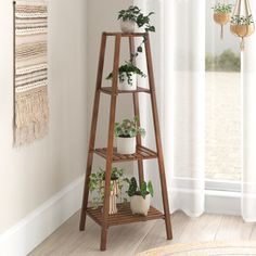 a tall wooden shelf with plants on it in front of a white wall and window