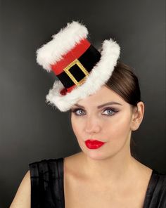 Lady Santa headdress Holiday Costume Party Hats And Headpieces, Red Christmas Costume Hat And Headpiece, Red Christmas Costume Hat, Silver Santa Hat, Santa Headband, Christmas Party Tops, Christmas Headdress, Christmas Party Accessories, Headband Christmas