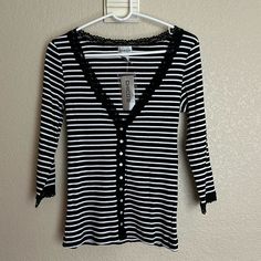 Chico’s Striped Kimmer Cardigan 3/4 Sleeve Tee, Lace Trim, Button Up, Black & White. Chicos Size 1, Us Women’s Medium. New! Casual Cardigan With Button Closure And 3/4 Sleeves, Casual Cardigan With 3/4 Sleeves And Buttons, Spring Cardigan With 3/4 Sleeves And Buttons, Spring Cardigan With Buttons And 3/4 Sleeves, Casual 3/4 Sleeve Cardigan For Day Out, Lace Trim, Long Sleeve Tees, Button Up, Tops & Tees