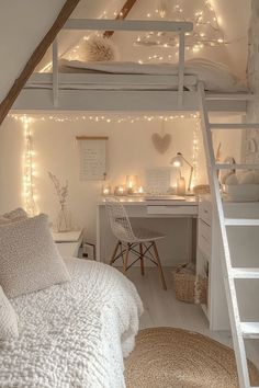 a loft bed with lights strung from the ceiling