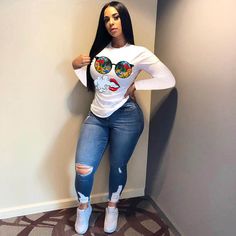 Cartoon Positioning Printed Long Sleeve Round Neck T-shirt Plus Size Cartoon, Crop Top Casual, Graphic Tops, Baddie Outfits Casual, Wholesale Clothing, Cartoon Print, White Long Sleeve, Ladies Tops Fashion, T Shirt Top