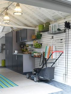 the garage is clean and ready to be used as a storage area for various items