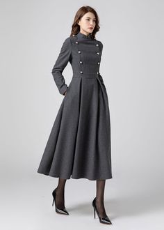 Wool Dress, Wool Maxi Dress, Military Dress, Winter Wool Dress Women, Long Wool Dress, Gray Wool Dress, Handmade Dress, Ylistyle C3579 - Etsy Coat Dress Outfit Classy, Long Wool Dress, Winter Wool Dress, Wool Maxi Dress, Victorian Fashion Women, Office Wear Dresses, Military Dress, Military Dresses, Womens Skirt Suits