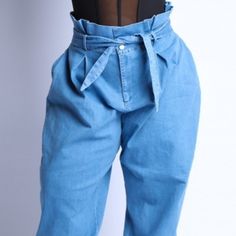 Paper Bag Oversized Denim Pants With Self Tie Belt And Ties At Ankle Sizes Available Small To 3 Xl Inseam 31 1x To 3x 80% Cotton, 17% Polyester, 3% Spandex Casual Denim Blue Bottoms With Paperbag Waist, Trendy Paperbag Waist Jeans With Pockets, Medium Wash Paperbag Waist Bottoms With Pockets, Casual Medium Wash Paperbag Waist Bottoms, Casual Denim Bottoms With Paperbag Waist, Casual Denim Paperbag Waist Bottoms, Casual Paperbag Waist Bottoms In Medium Wash, Chic Denim Blue Bottoms With Paperbag Waist, Denim Bottoms With Belt Loops And Paperbag Waist